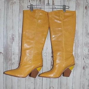 Yellow Crocodile Leather (Pointy Toe) Calf High Boots